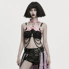 PUNK RAVE Women's Punk Skull Halterneck Chain Body Harness with Detachable Batwing Knot Black-Pink