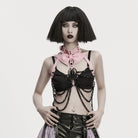 PUNK RAVE Women's Punk Skull Halterneck Chain Body Harness with Detachable Batwing Knot Black-Pink