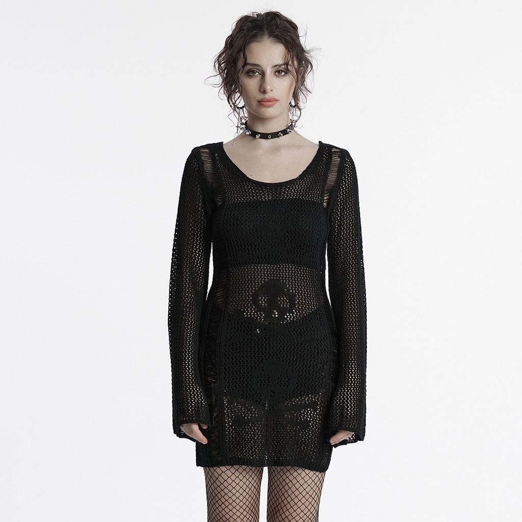 PUNK RAVE Women's Punk Skull Knitted Music Festival Dress Black