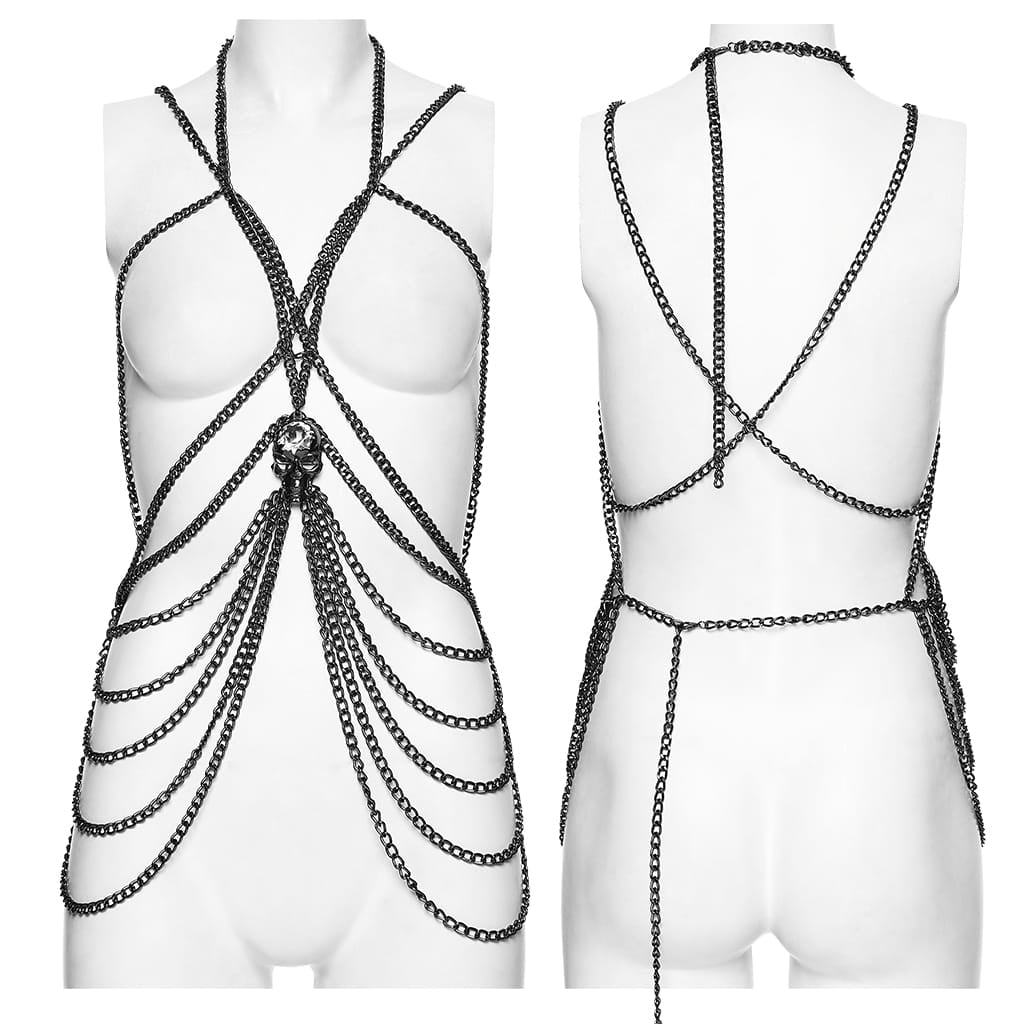 PUNK RAVE Women's Punk Skull Layered Chain Body Harness