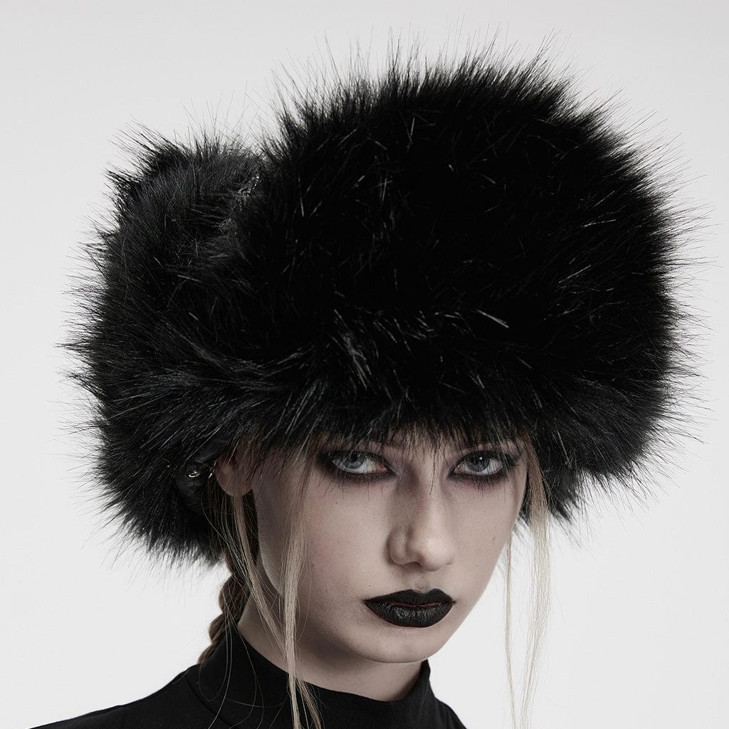 PUNK RAVE Women's Punk Skull Mesh Plush Splice Faux Leather Hat