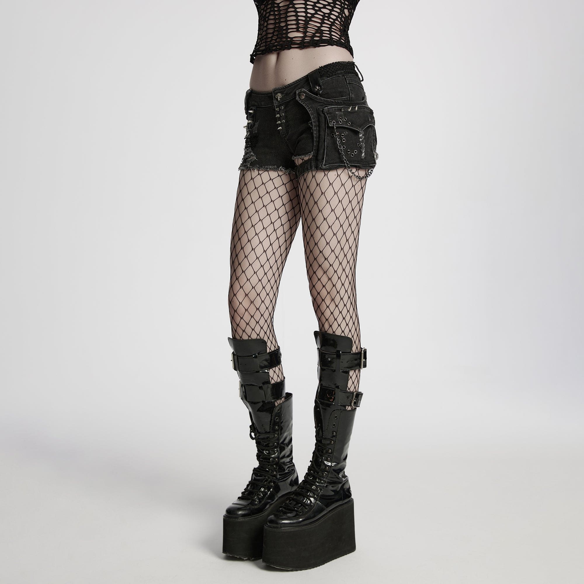 PUNK RAVE Women's Punk Skull Ripped Denim Shorts with Pocket