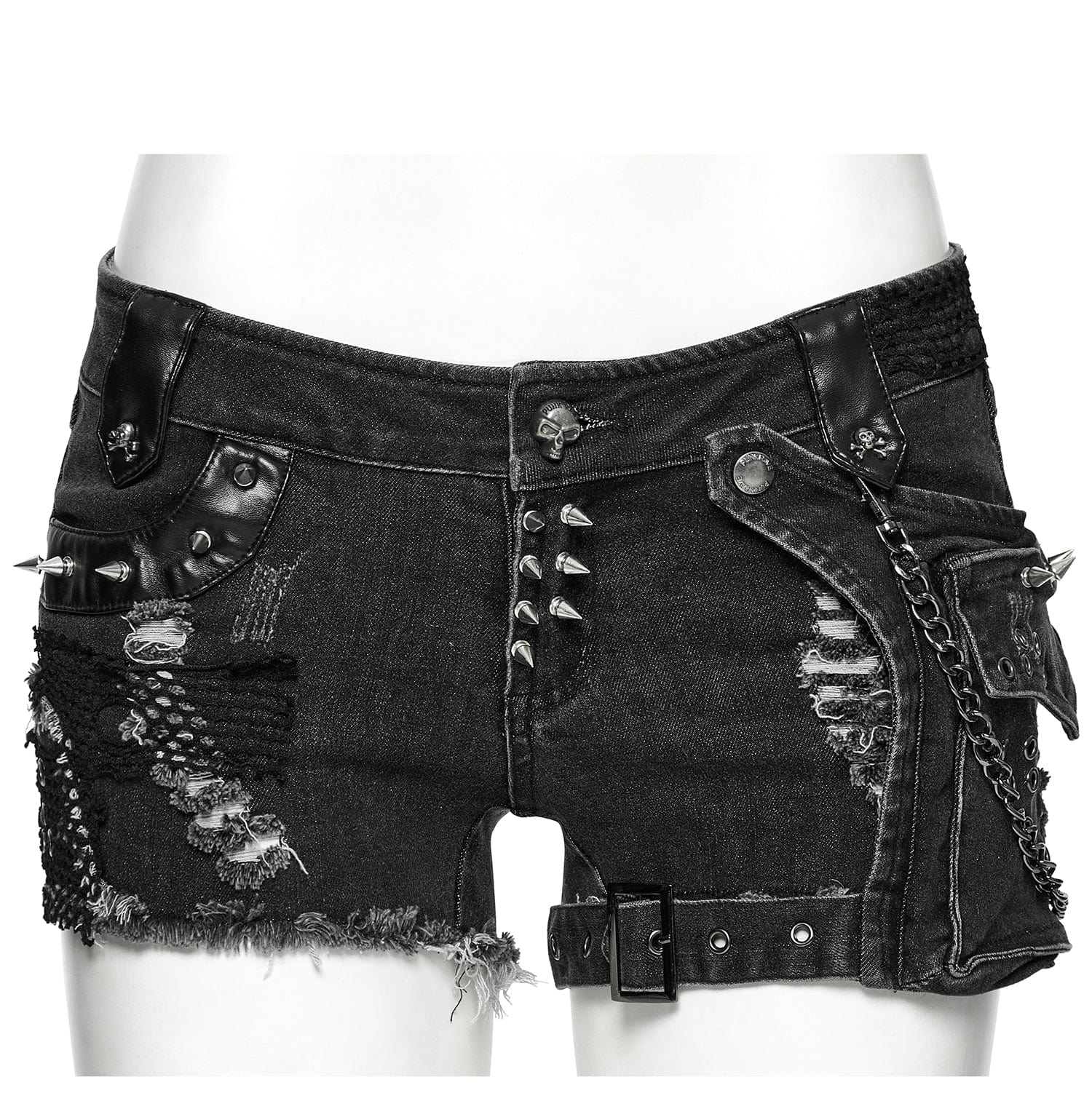 PUNK RAVE Women's Punk Skull Ripped Denim Shorts with Pocket