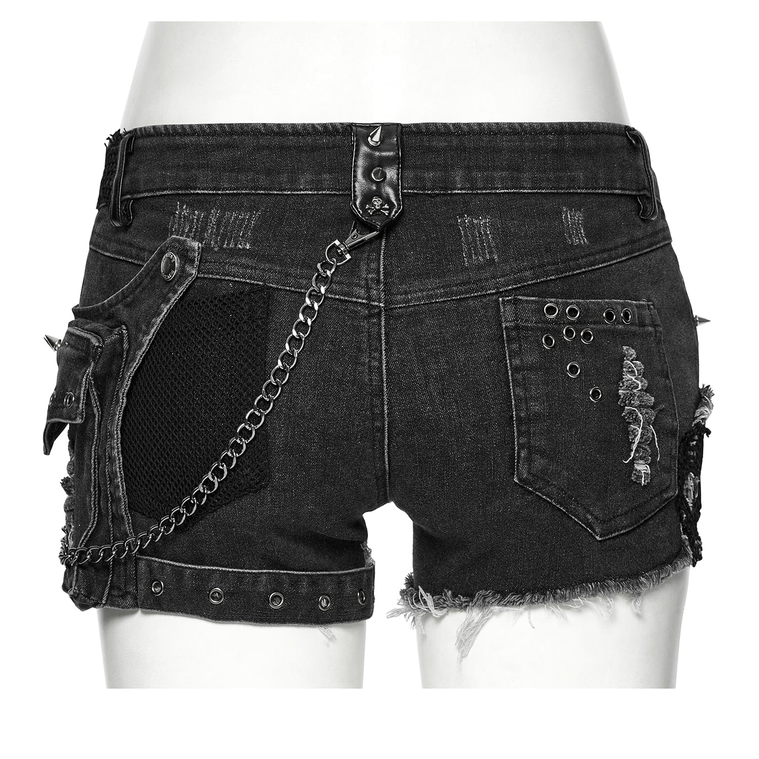 PUNK RAVE Women's Punk Skull Ripped Denim Shorts with Pocket
