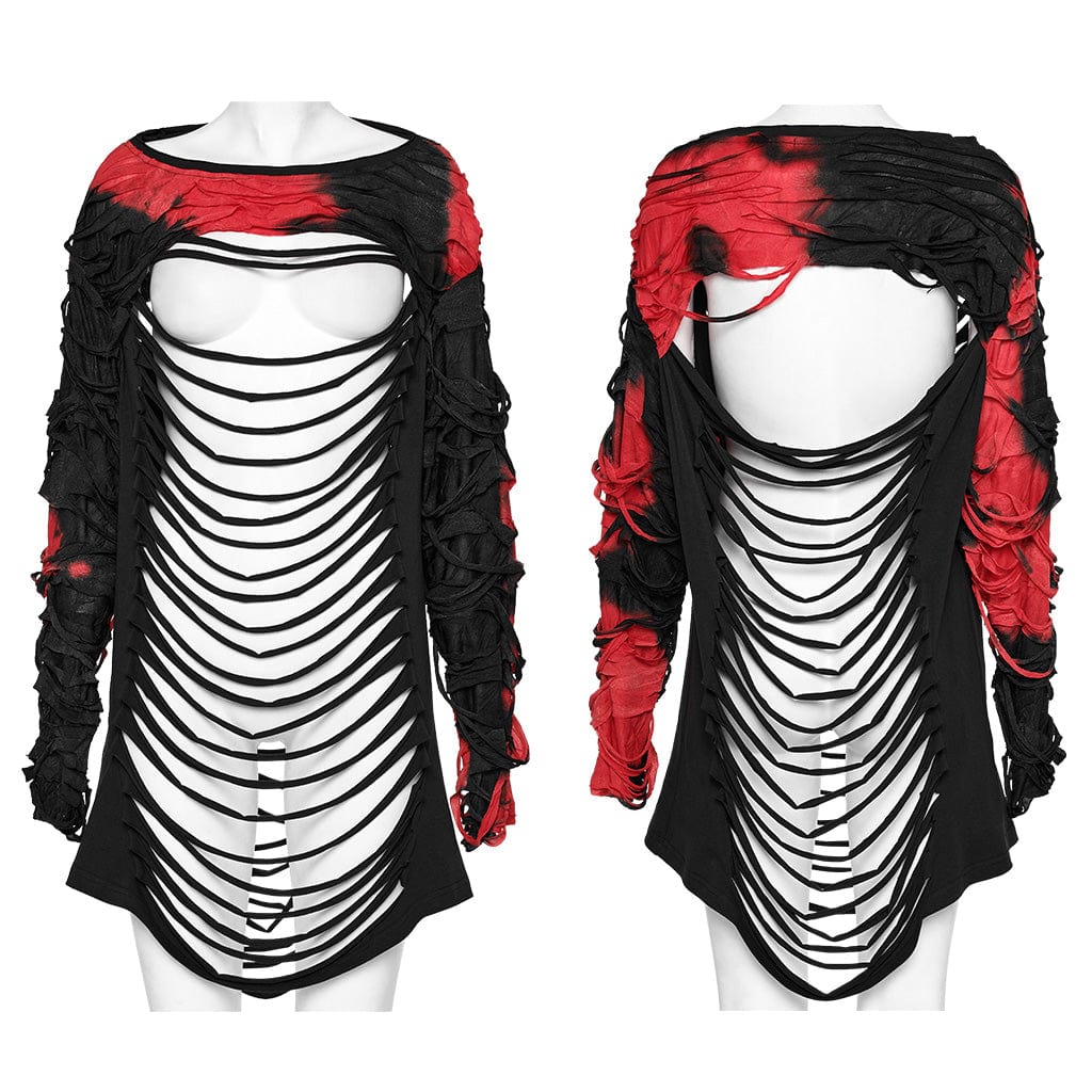 PUNK RAVE Women's Punk Spaghetti Strap Cutout Ripped Long Sleeved Shirt