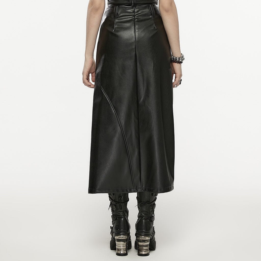 PUNK RAVE Women's Punk Split Faux Leather Skirt