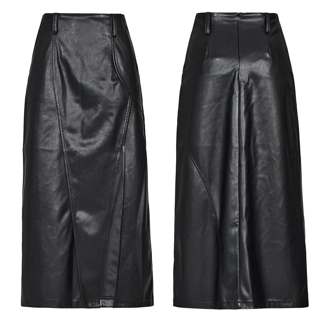 PUNK RAVE Women's Punk Split Faux Leather Skirt