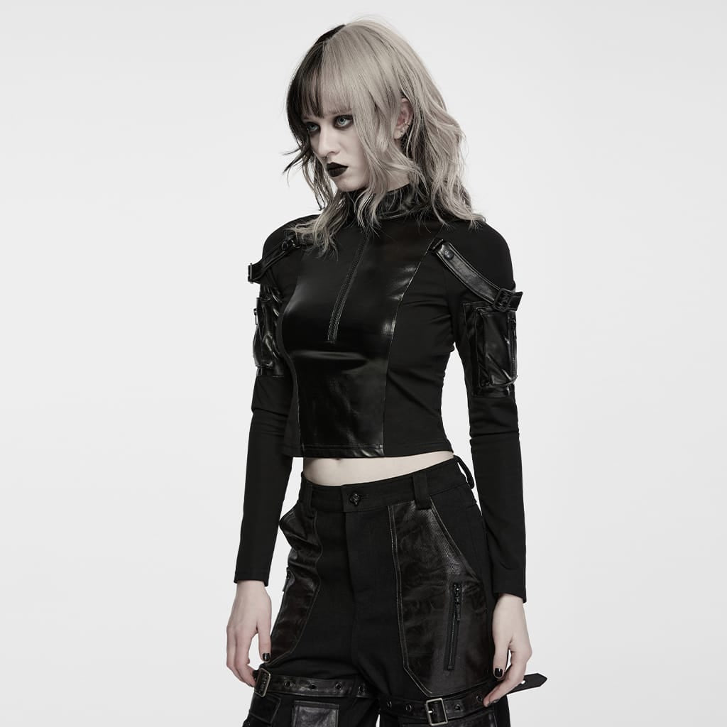 PUNK RAVE Women's Punk Stand Collar Buckle Strap Arm Zip Pocket Long Sleeve Crop Top