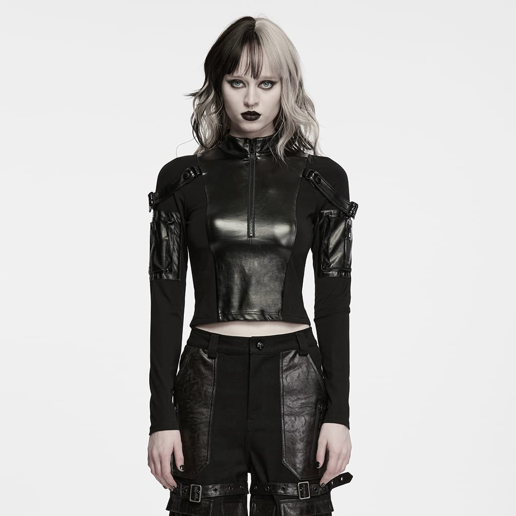 PUNK RAVE Women's Punk Stand Collar Buckle Strap Arm Zip Pocket Long Sleeve Crop Top