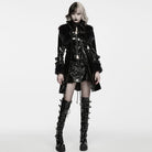 PUNK RAVE Women's Punk Stand Collar Faux Fur Panel Patent Faux Leather Long Jacket Black