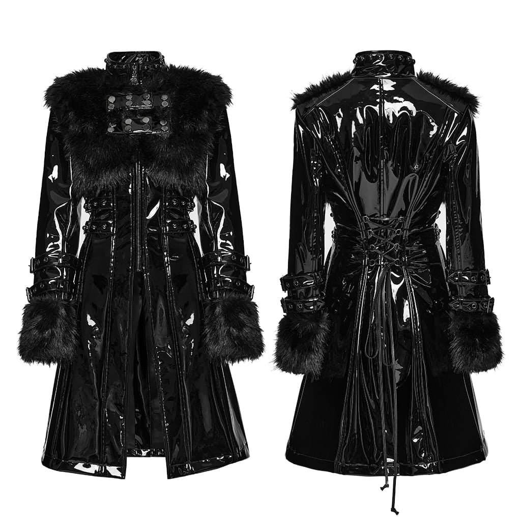 PUNK RAVE Women's Punk Stand Collar Faux Fur Panel Patent Faux Leather Long Jacket Black