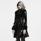 PUNK RAVE Women's Punk Stand Collar Faux Fur Panel Patent Faux Leather Long Jacket Black