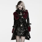 PUNK RAVE Women's Punk Stand Collar Faux Fur Panel Patent Faux Leather Long Jacket Black-Red