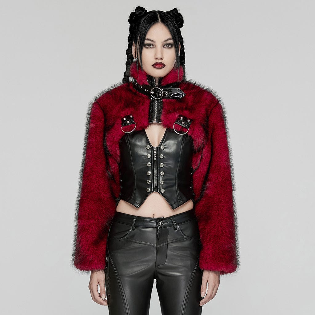 PUNK RAVE Women's Punk Stand Collar Faux Fur Short Jacket Red