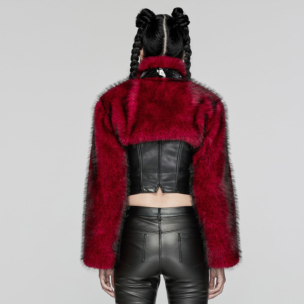 PUNK RAVE Women's Punk Stand Collar Faux Fur Short Jacket Red