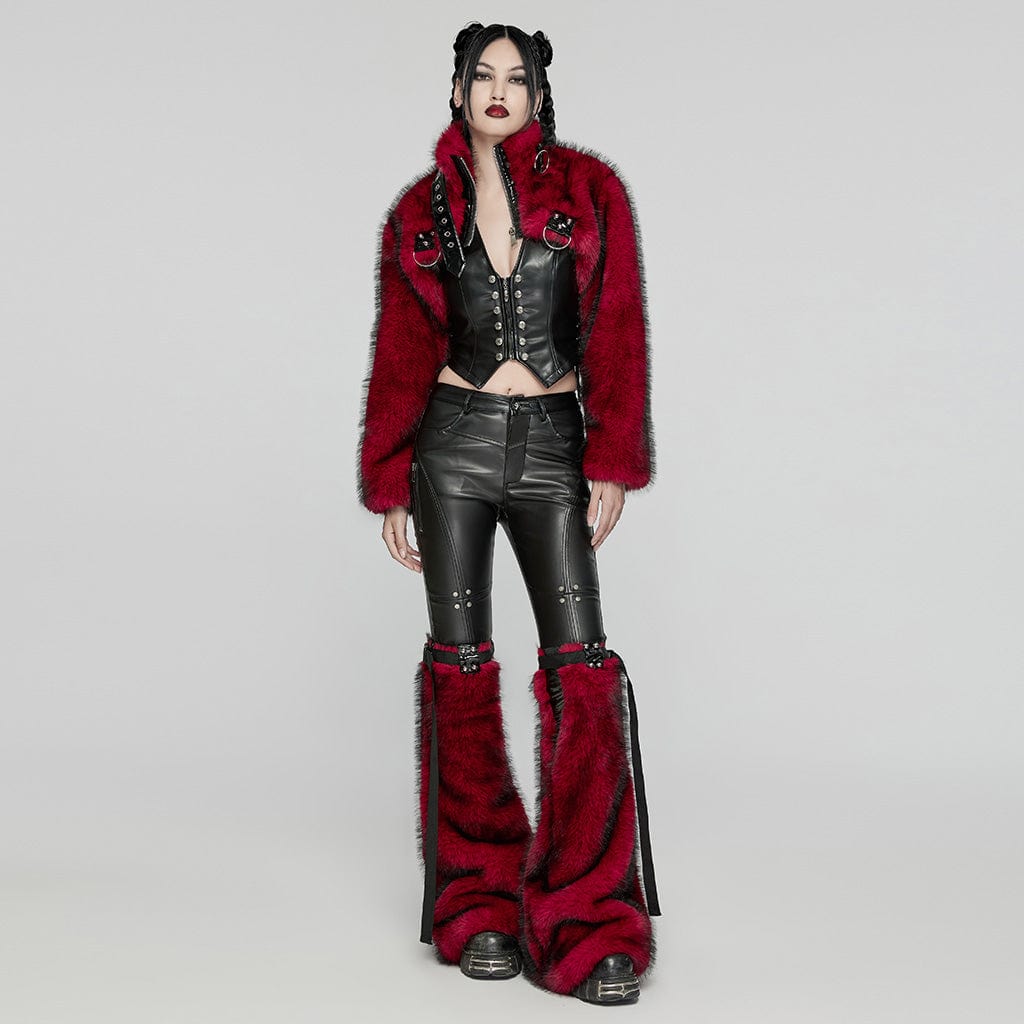 PUNK RAVE Women's Punk Stand Collar Faux Fur Short Jacket Red