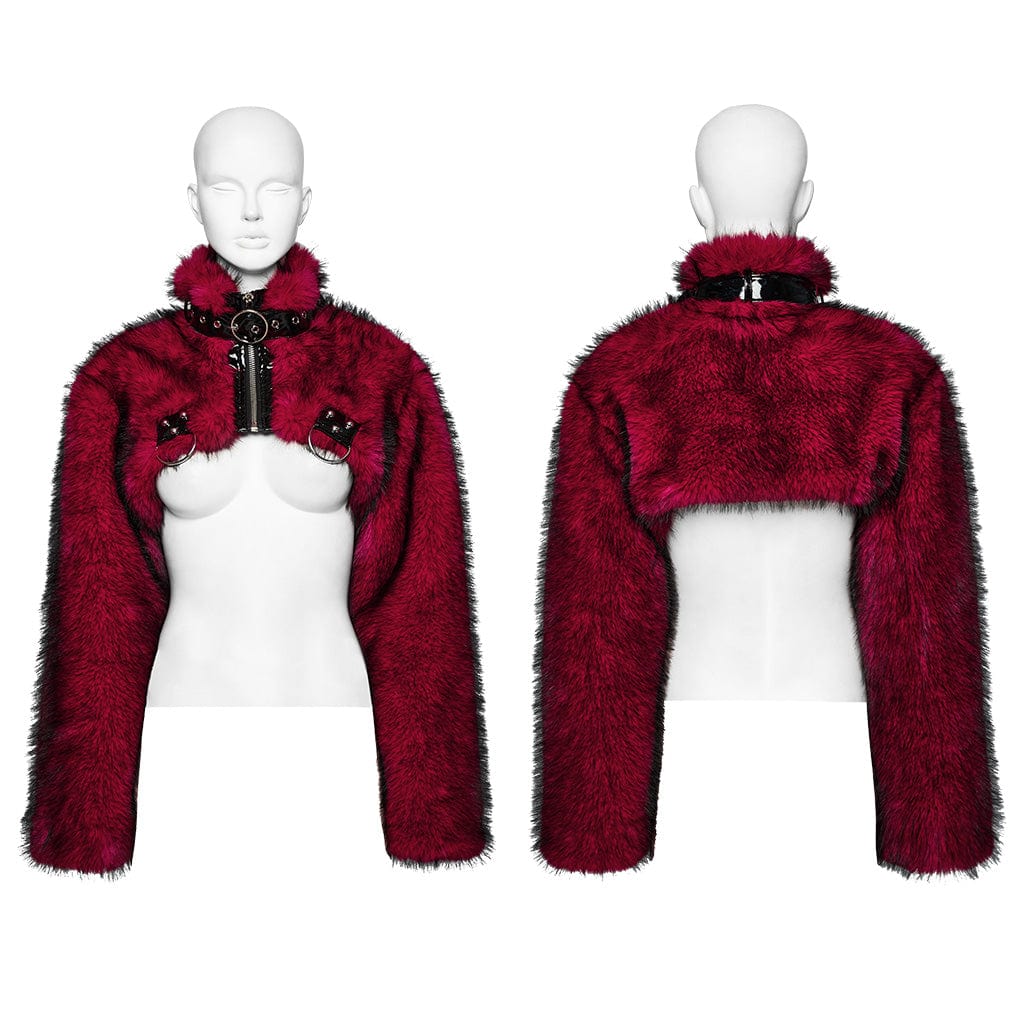 PUNK RAVE Women's Punk Stand Collar Faux Fur Short Jacket Red