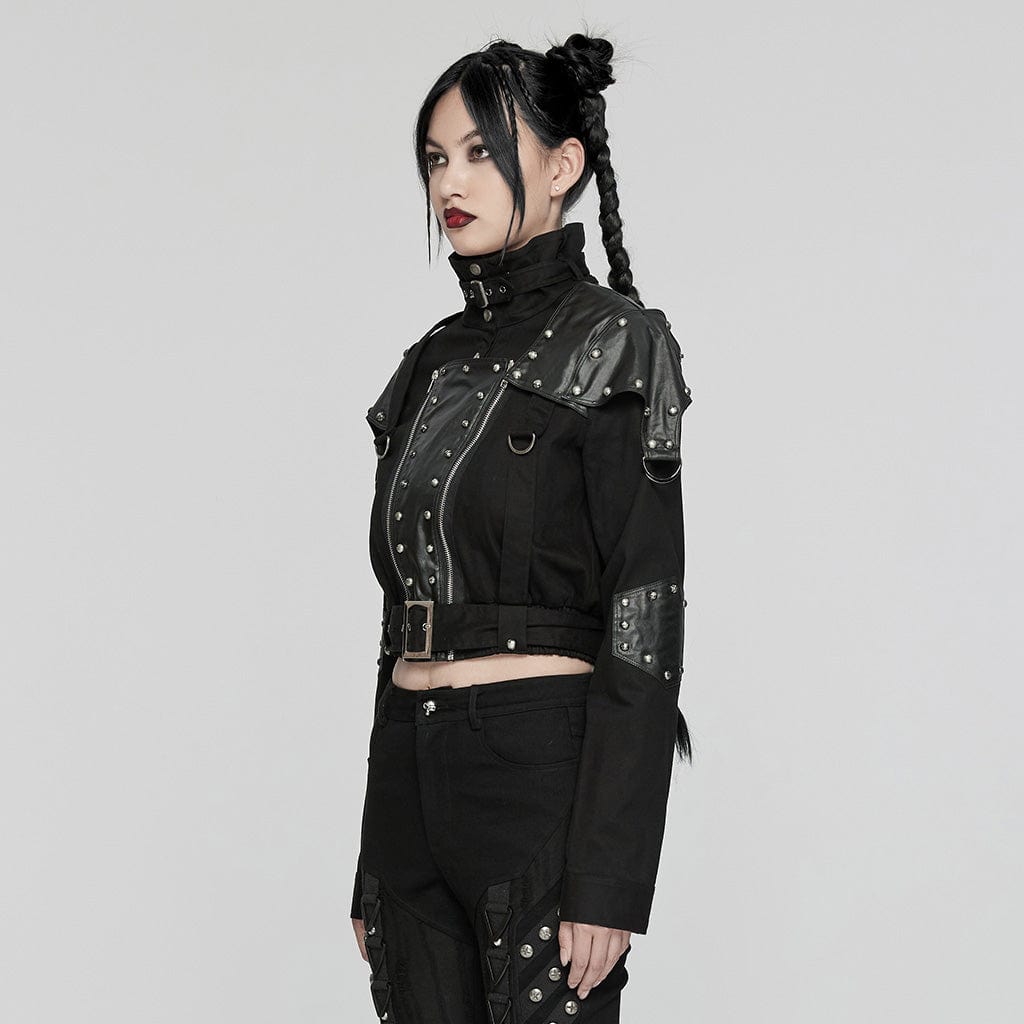 PUNK RAVE Women's Punk Stand Collar Patch Jacket