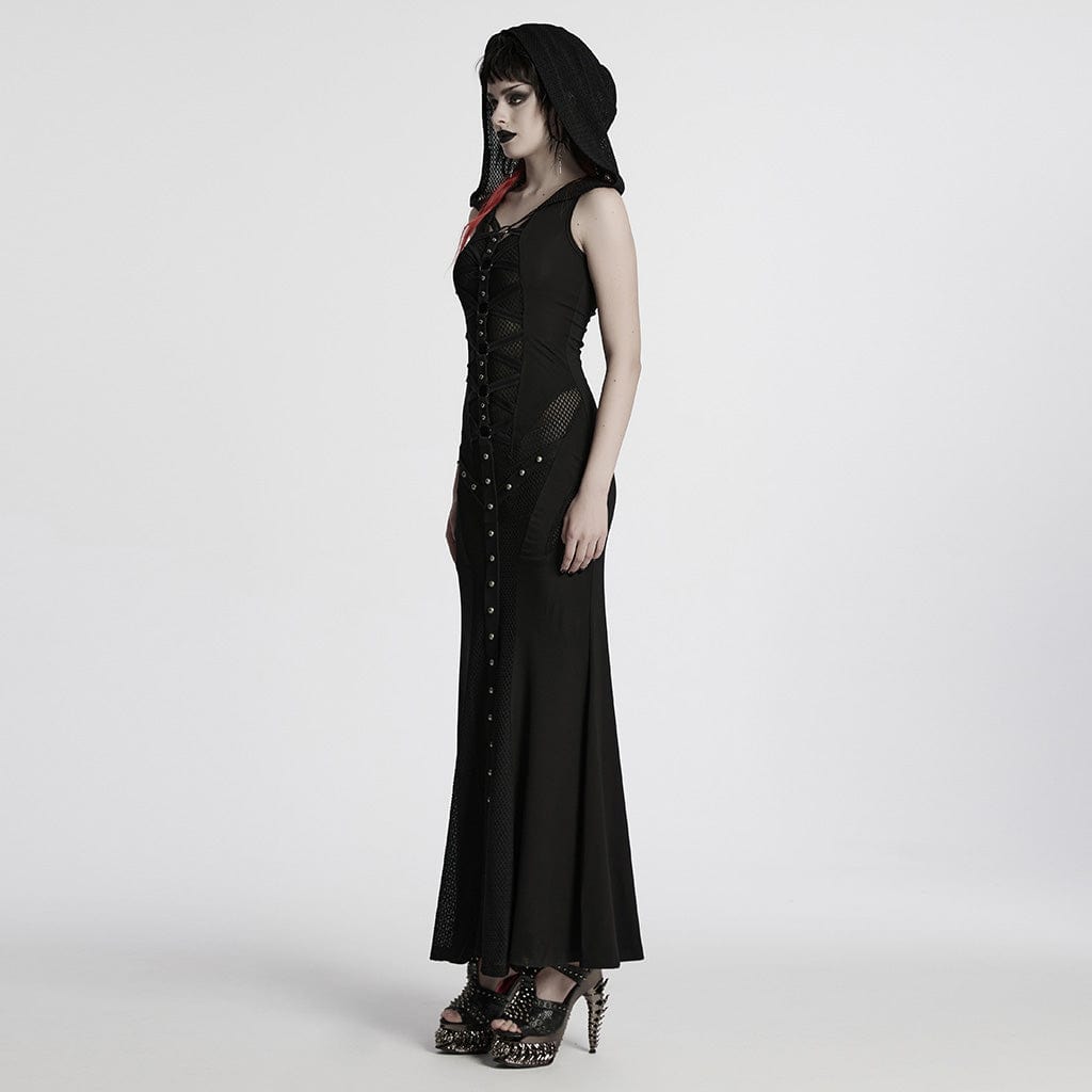 PUNK RAVE Women's Punk Strap Mesh Splice Sheer Dress with Hood