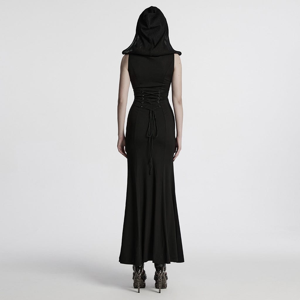 PUNK RAVE Women's Punk Strap Mesh Splice Sheer Dress with Hood