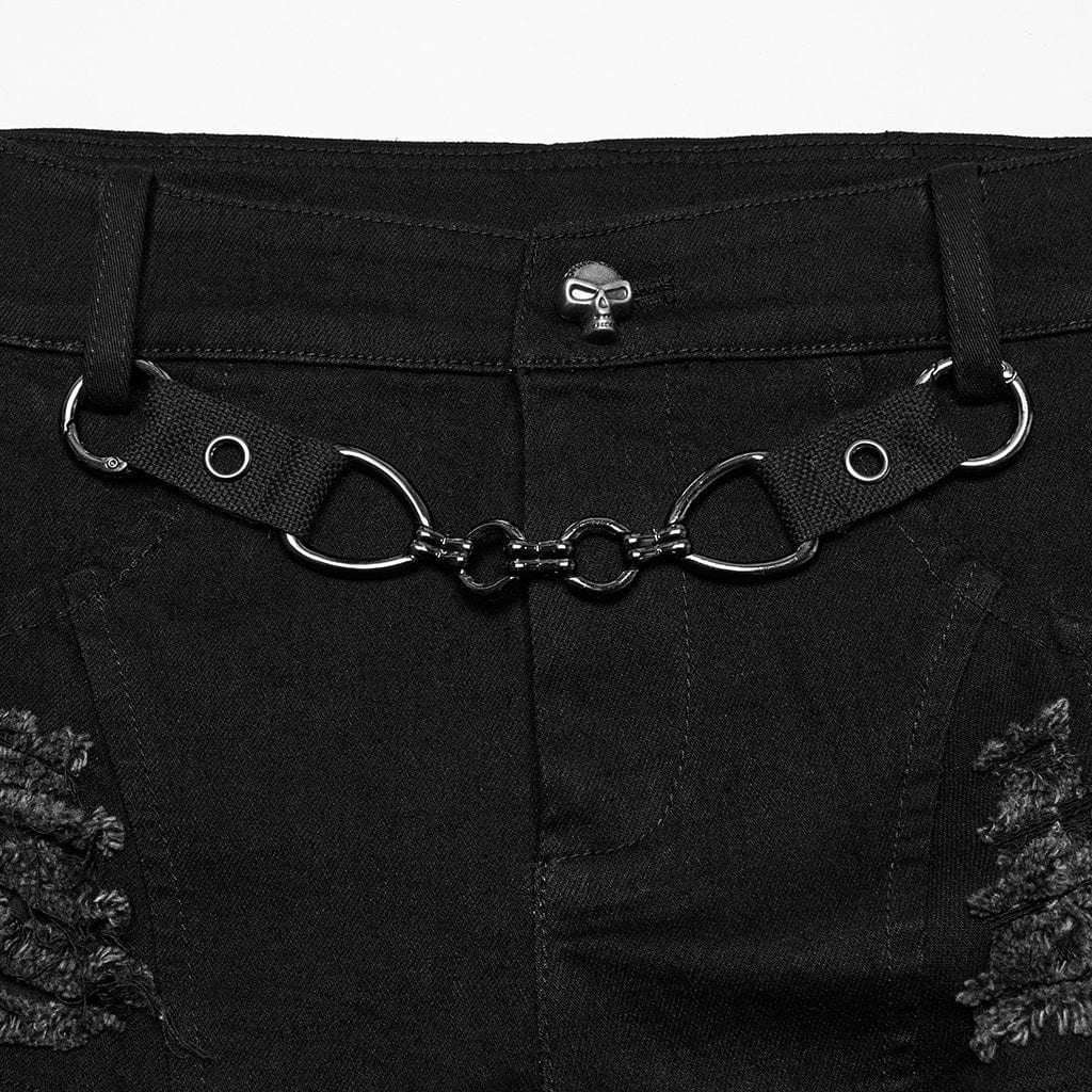 PUNK RAVE Women's Punk Strappy Studded Ripped Shorts