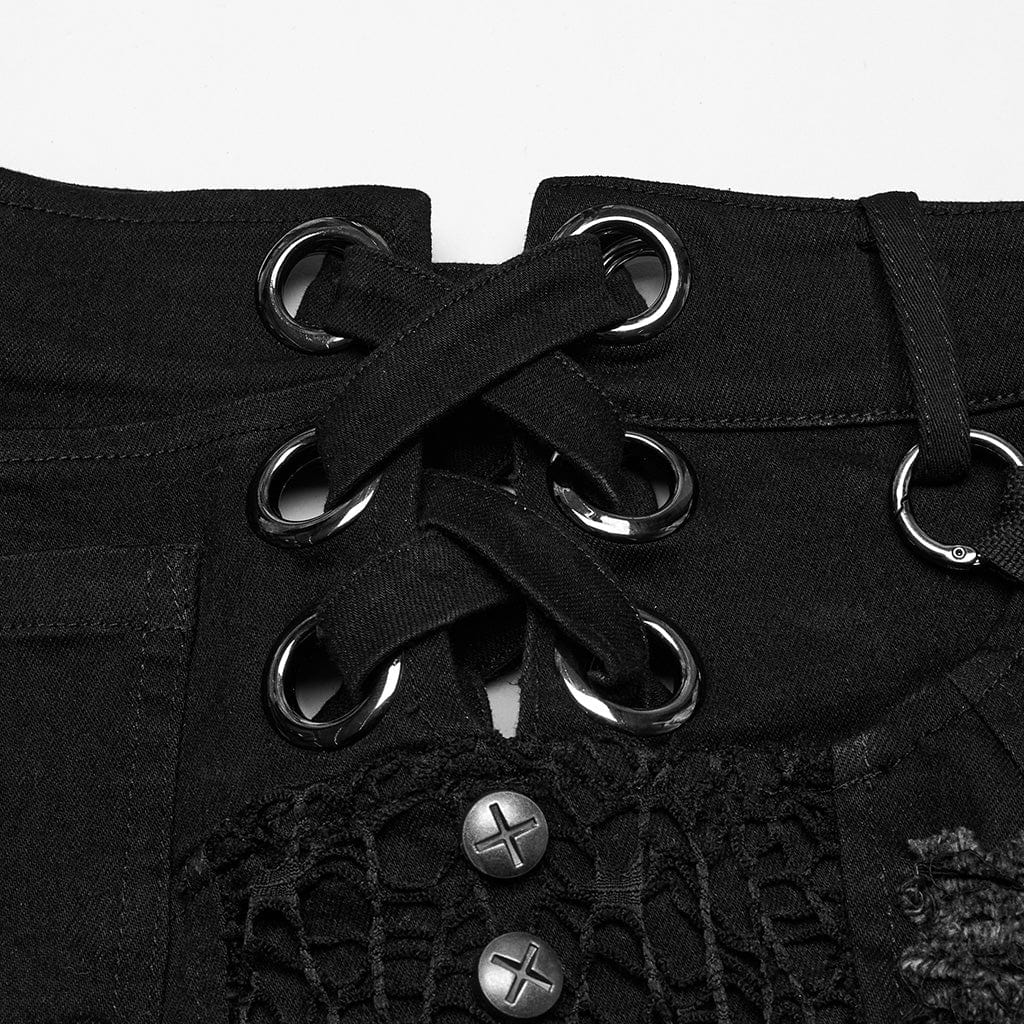 PUNK RAVE Women's Punk Strappy Studded Ripped Shorts