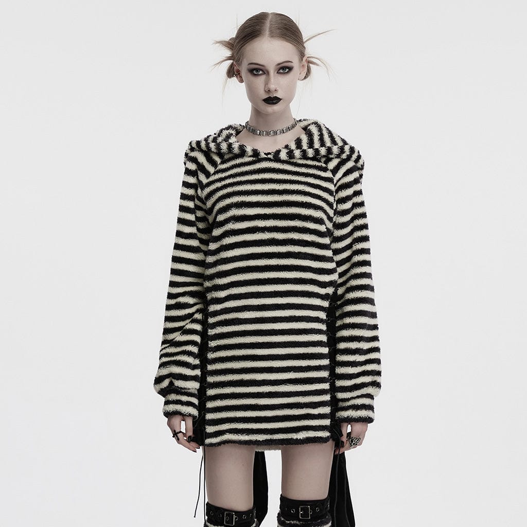 PUNK RAVE Women's Punk Striped Fluffy Hoodies with Big Ear Hood