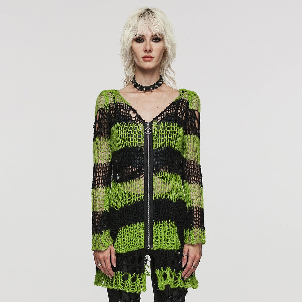 PUNK RAVE Women's Punk Striped Ripped Knitted Cardigan