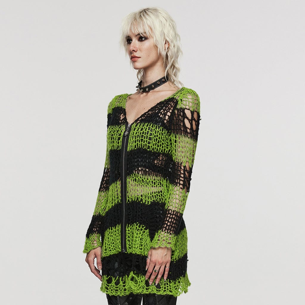 PUNK RAVE Women's Punk Striped Ripped Knitted Cardigan