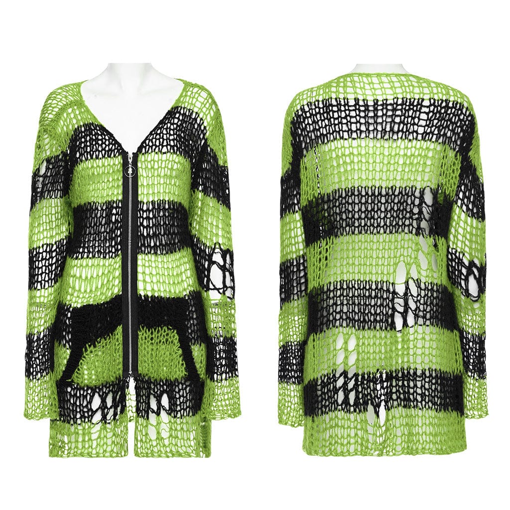 PUNK RAVE Women's Punk Striped Ripped Knitted Cardigan