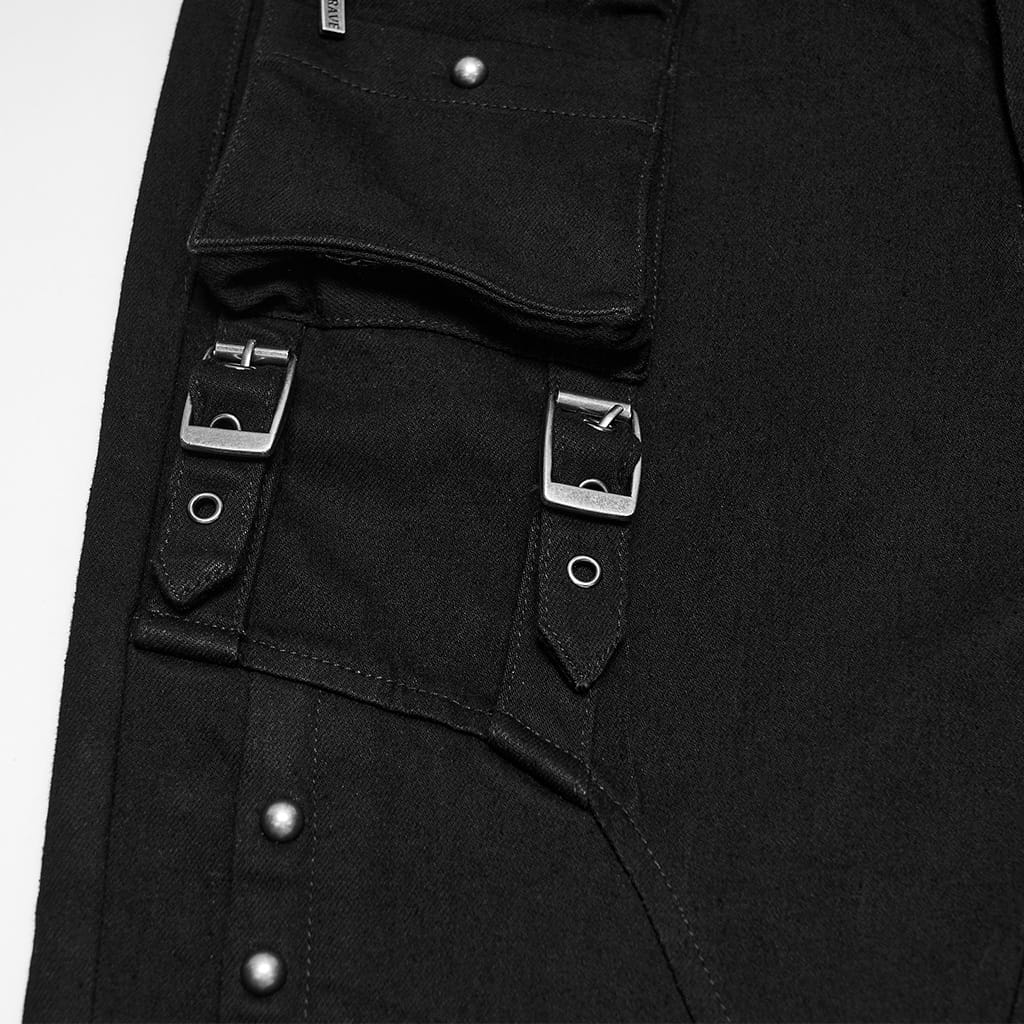 PUNK RAVE Women's Punk Studded Buckle Cargo Pocket Skinny Pants