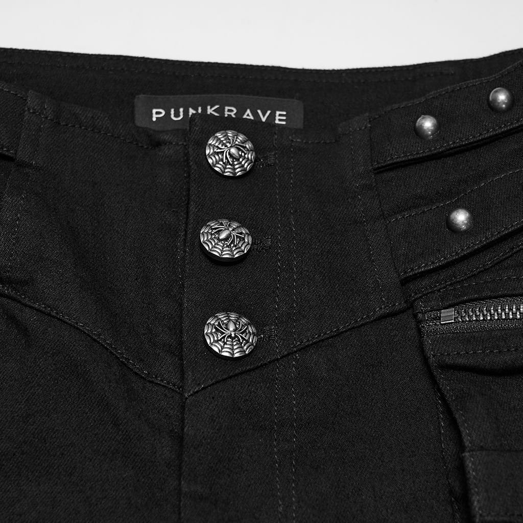 PUNK RAVE Women's Punk Studded Buckle Cargo Pocket Skinny Pants