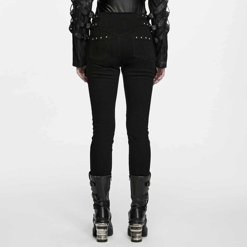 PUNK RAVE Women's Punk Studded Buckle Cargo Pocket Skinny Pants