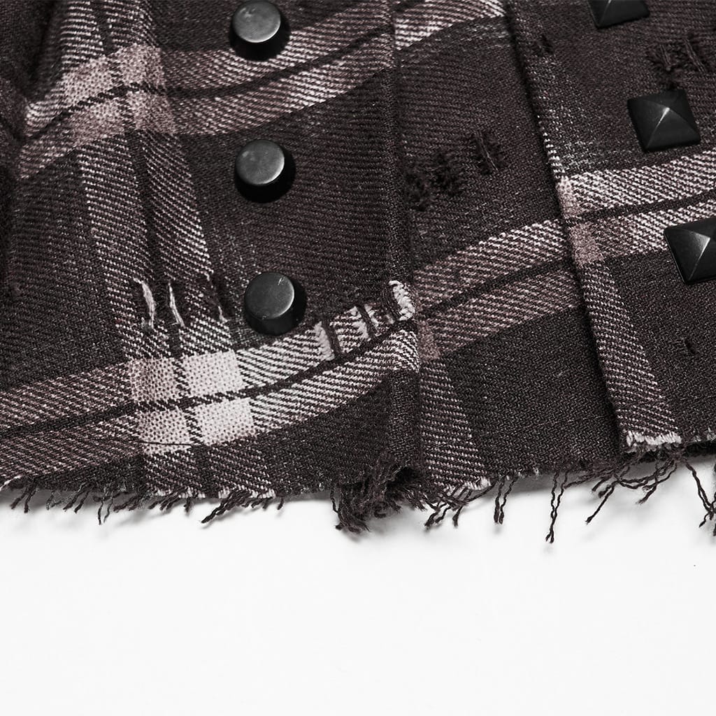 PUNK RAVE Women's Punk Studded Buckle Strap Plaid Pleated Skirt