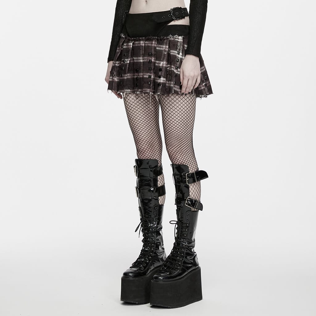 PUNK RAVE Women's Punk Studded Buckle Strap Plaid Pleated Skirt