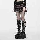 PUNK RAVE Women's Punk Studded Buckle Strap Plaid Pleated Skirt