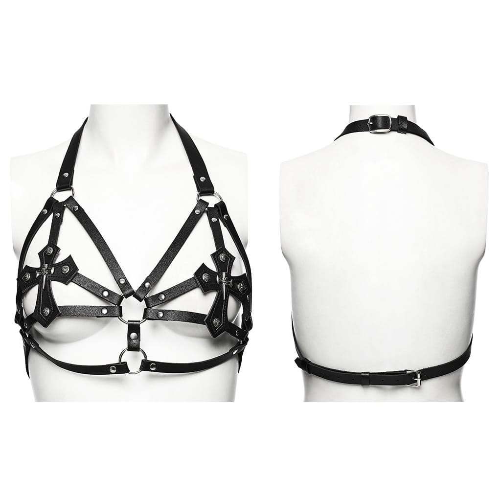 PUNK RAVE Women's Punk Studded Cross Halter Chest Body Harness