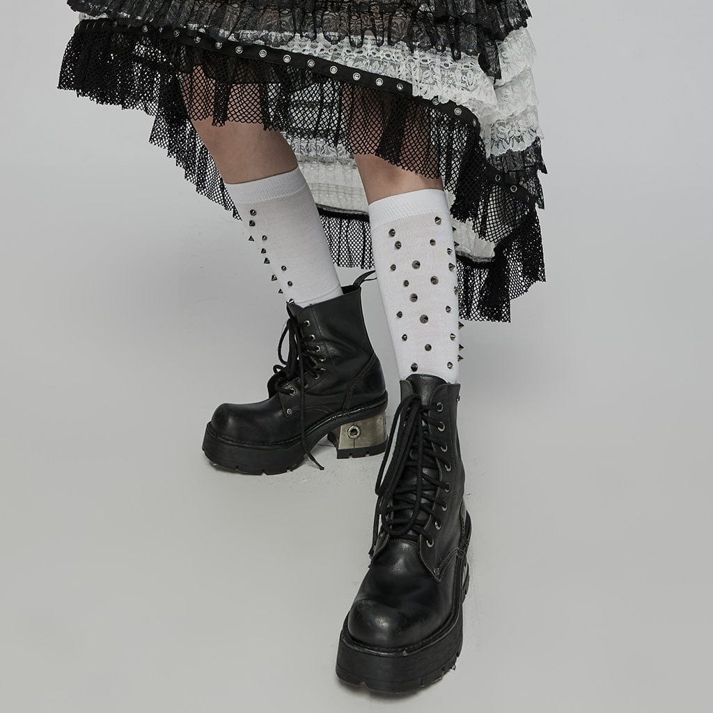 PUNK RAVE Women's Punk Studded Knee-high Socks White