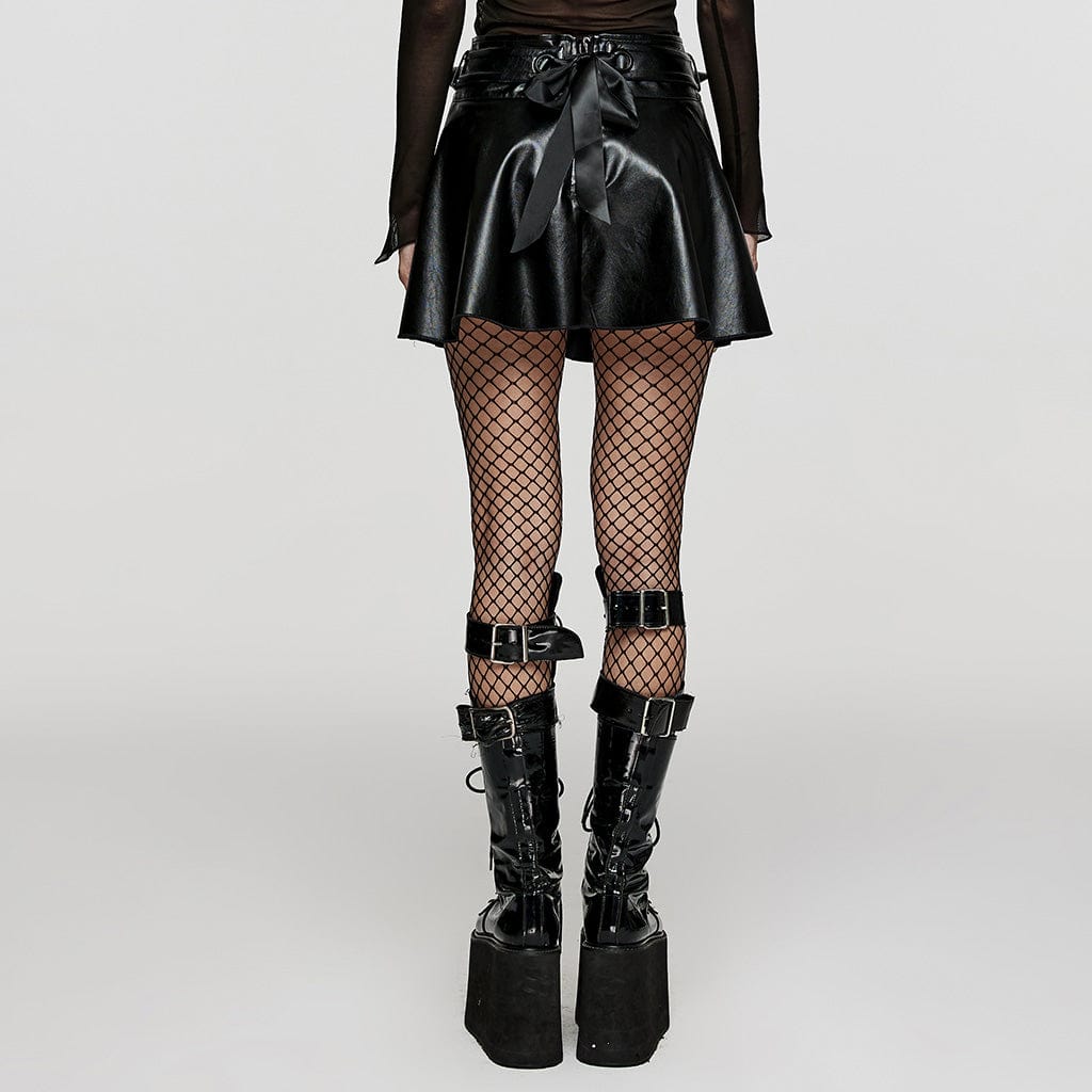 PUNK RAVE Women's Punk Studded Lace-up Faux Leather Skirt