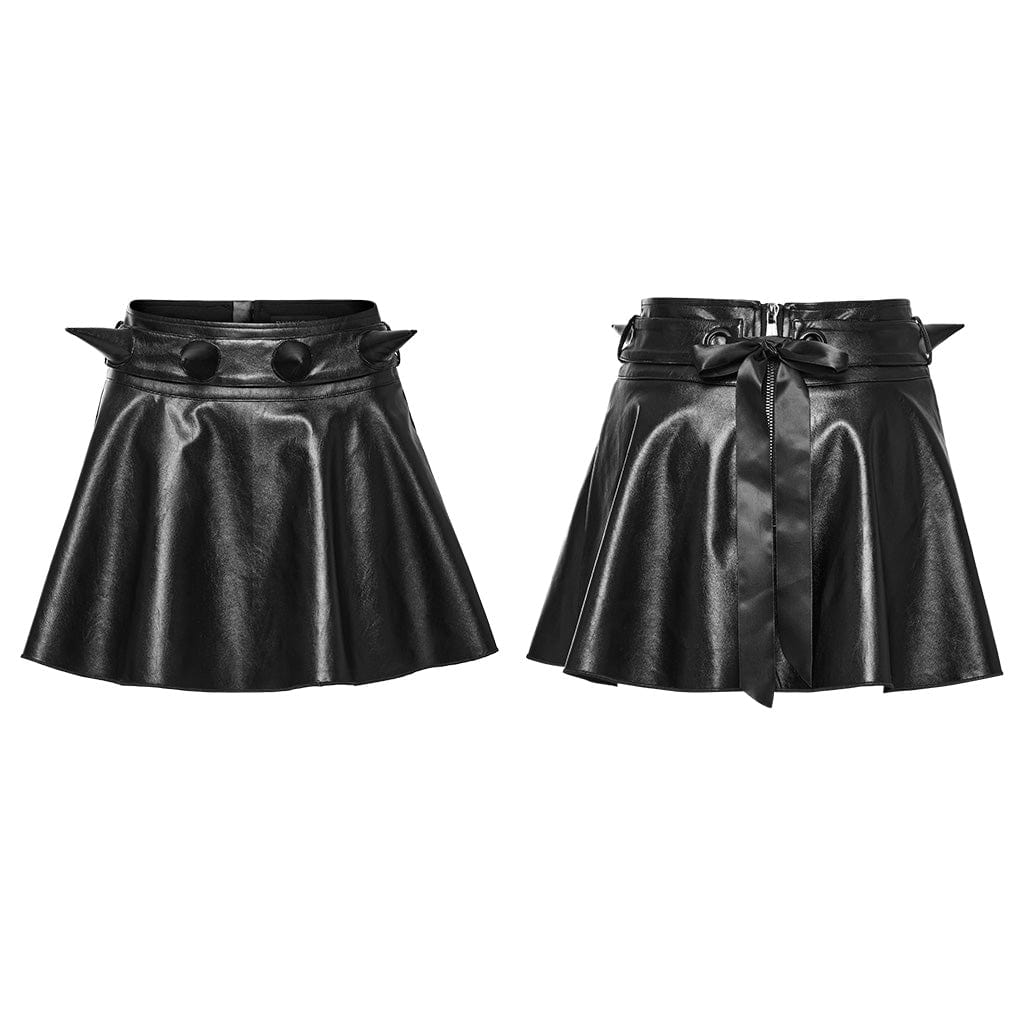 PUNK RAVE Women's Punk Studded Lace-up Faux Leather Skirt