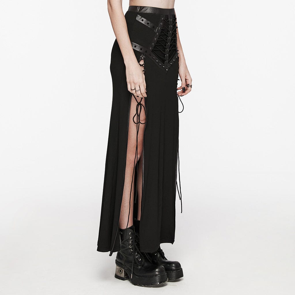 PUNK RAVE Women's Punk Studded Lace-up Fishtail Skirt Black