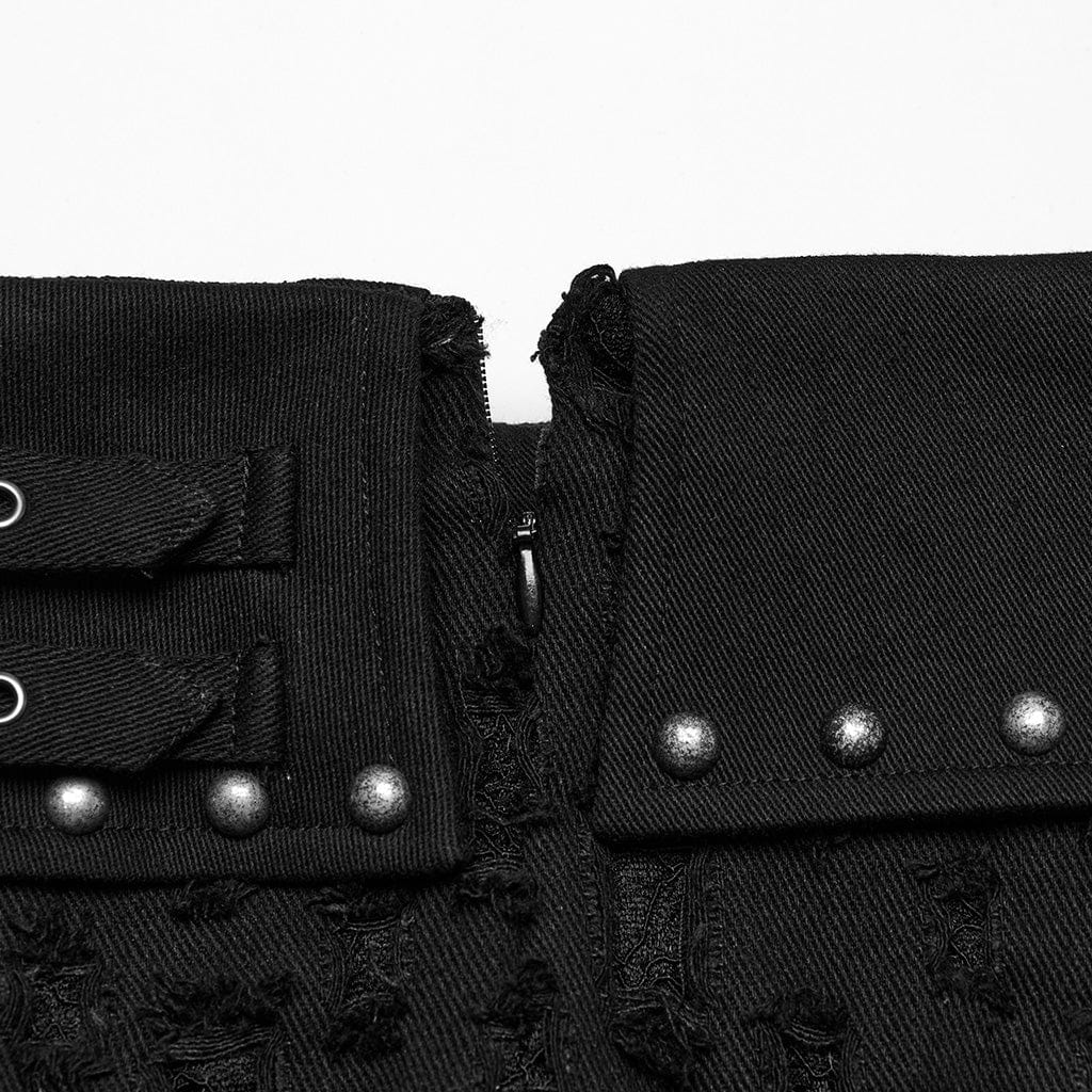 PUNK RAVE Women's Punk Studded Ripped Denim Skirt