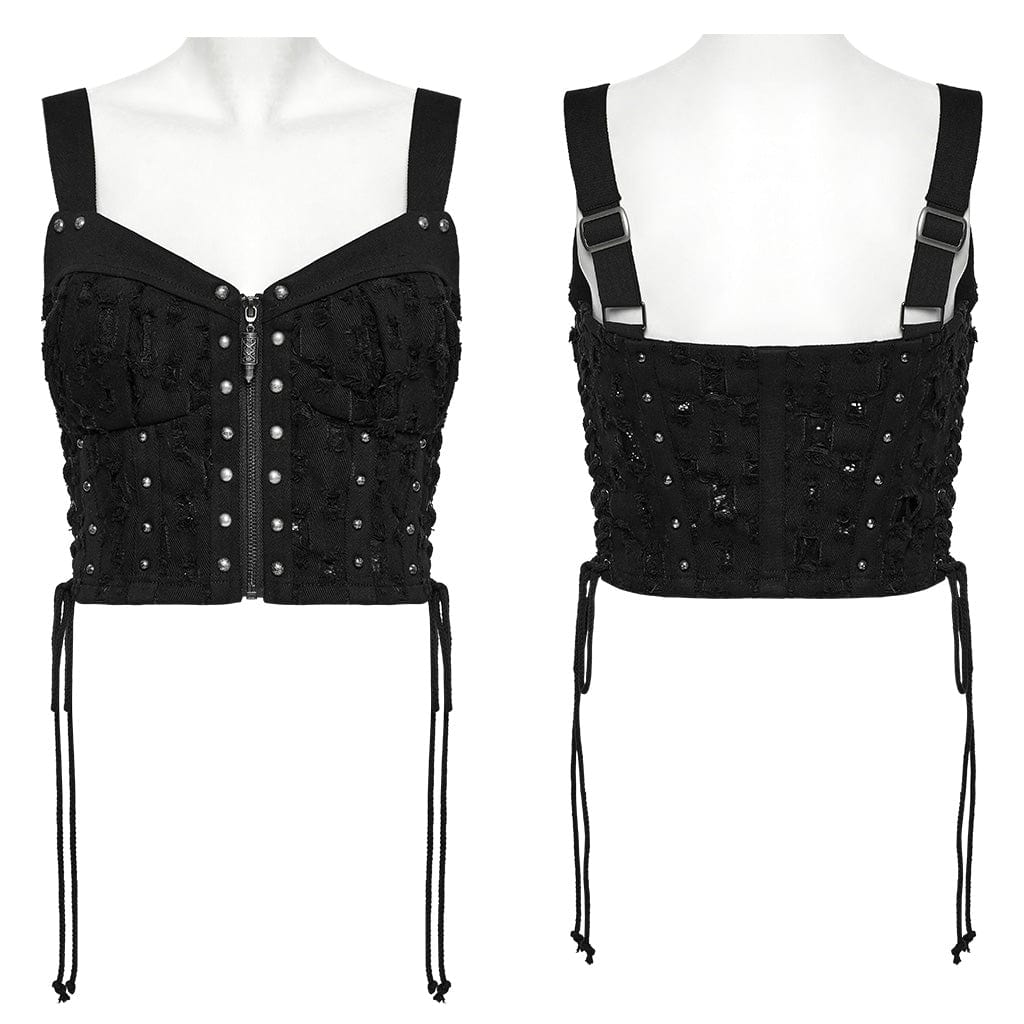 PUNK RAVE Women's Punk Studded Ripped Lace-up Tank Top