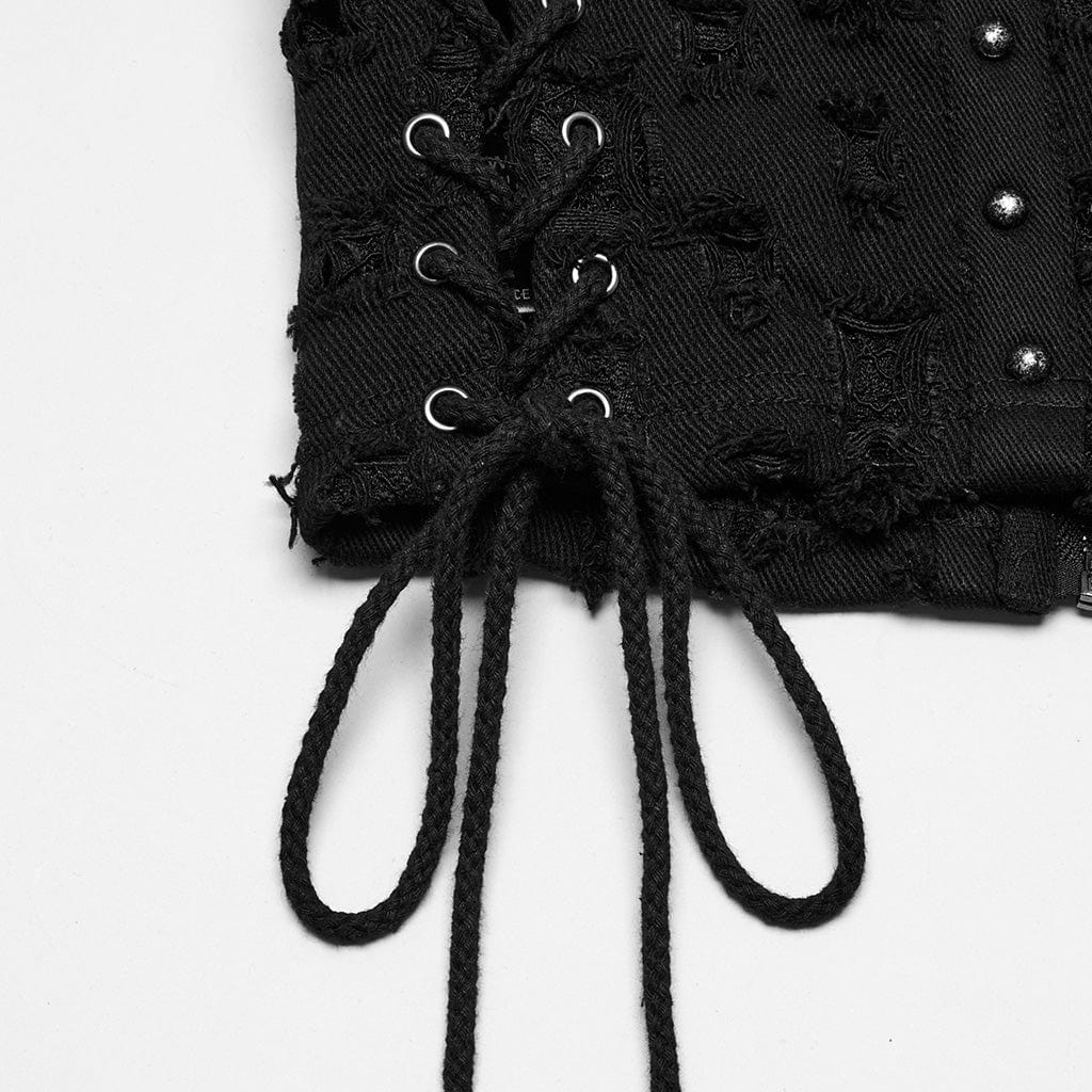 PUNK RAVE Women's Punk Studded Ripped Lace-up Tank Top