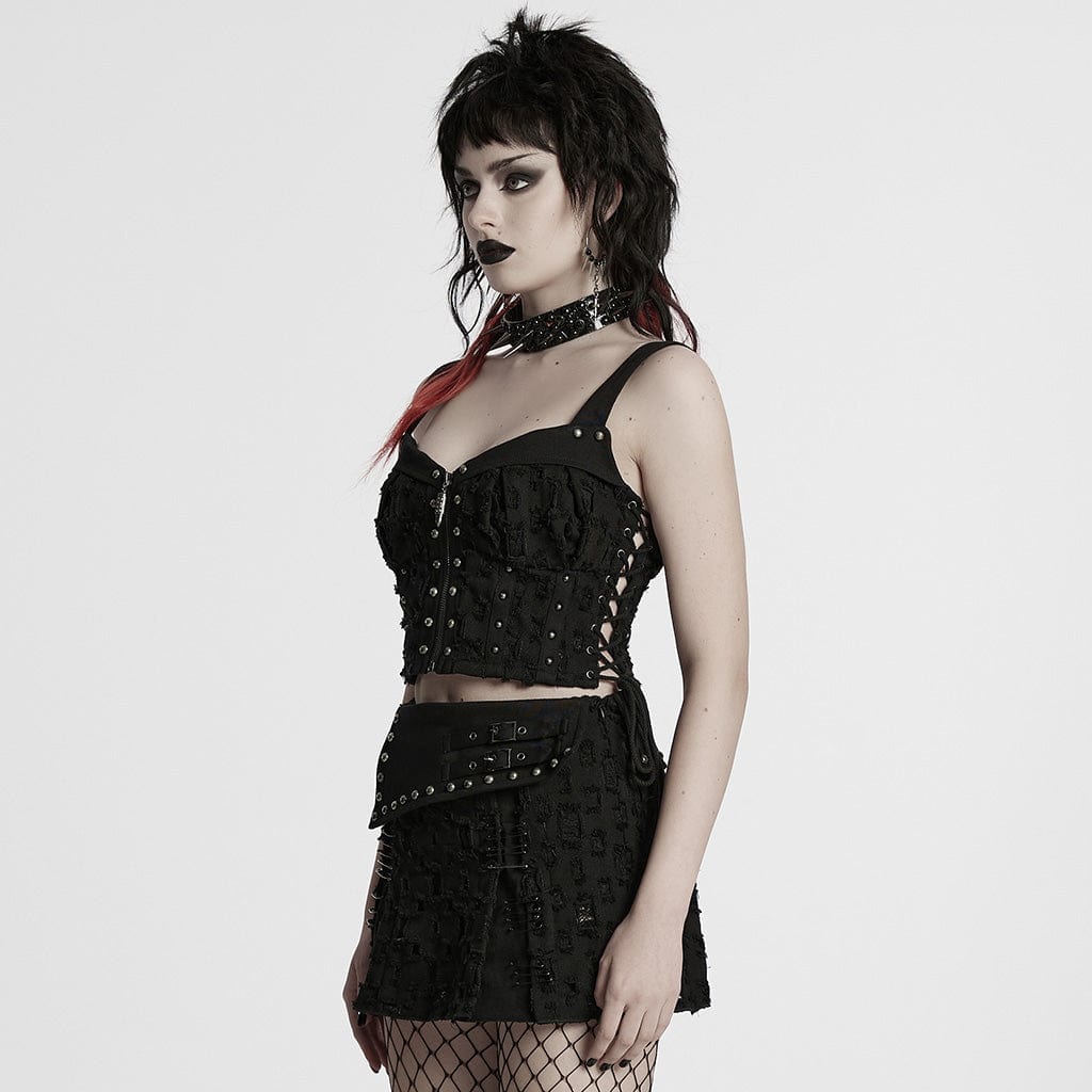 PUNK RAVE Women's Punk Studded Ripped Lace-up Tank Top