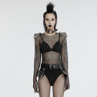 PUNK RAVE Women's Punk Studded Tassel Mesh Bodysuit Black