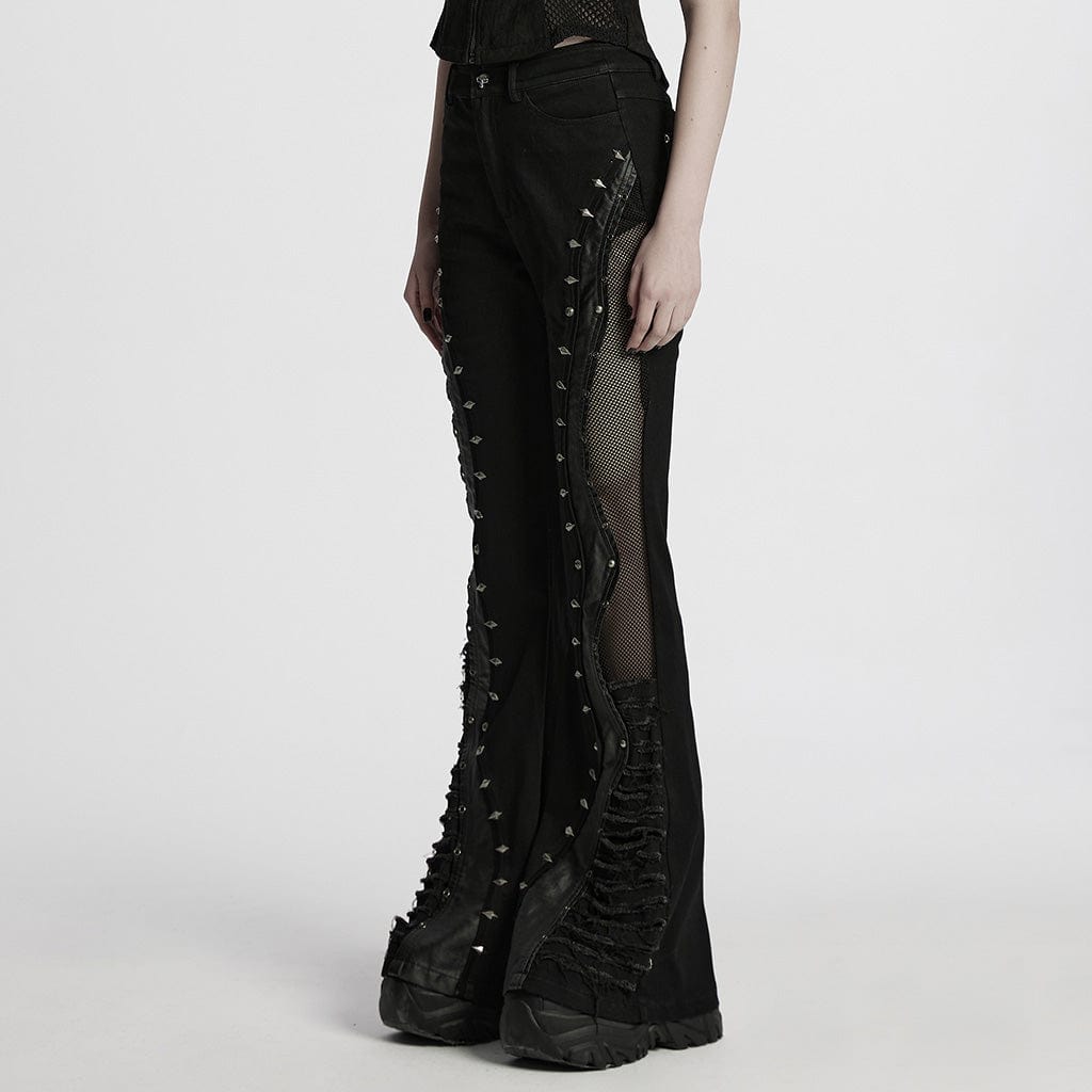 PUNK RAVE Women's Punk Studded Unedged Flared Pants