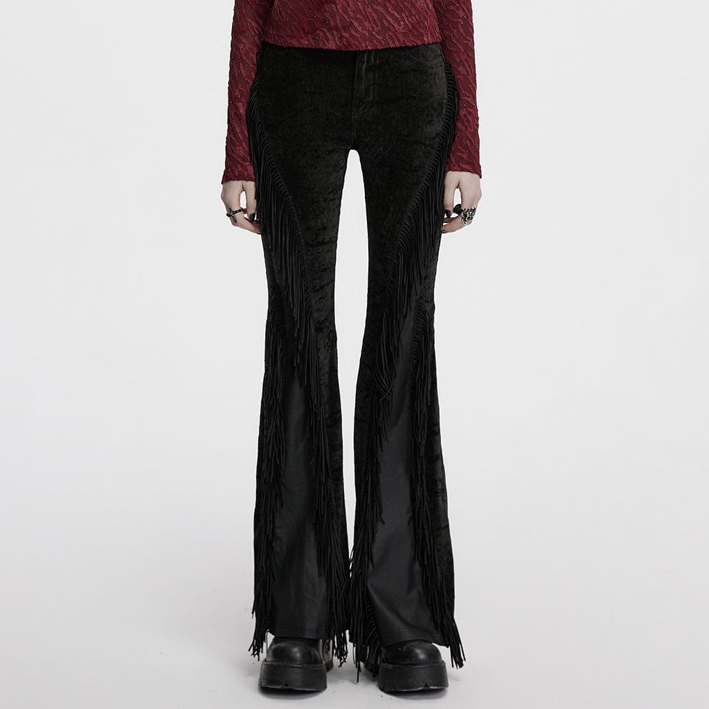 PUNK RAVE Women's Punk Tassel Splice Flared Pants Black