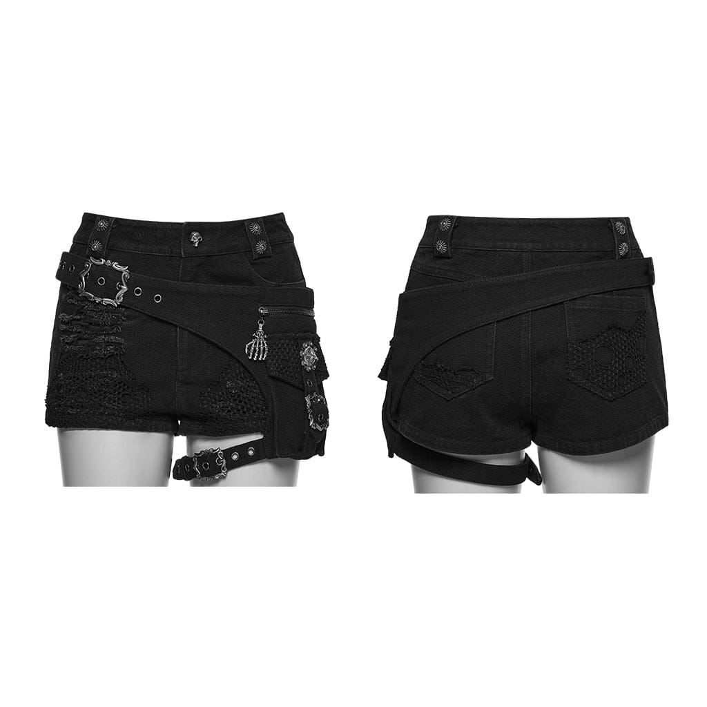 PUNK RAVE Women's Punk Tattered Shorts with detachable Leg bag