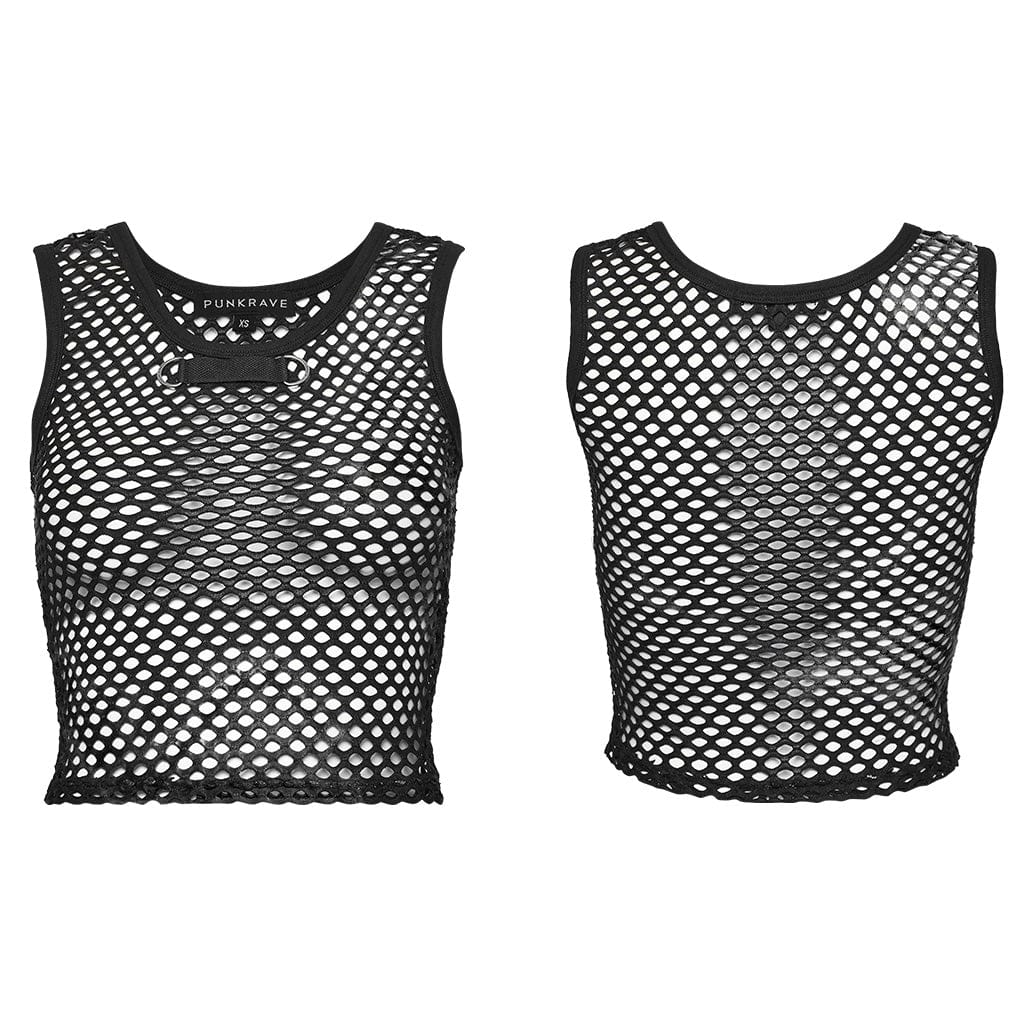 PUNK RAVE Women's Punk Tie-dyed Mesh Tank Top Black